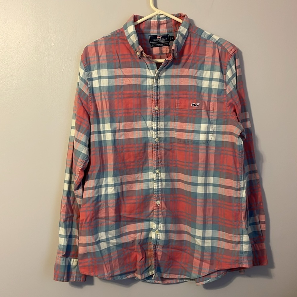 Vineyard Vines Slim Fit Tucker Shirt Plaid Linen Cotton Blend size L